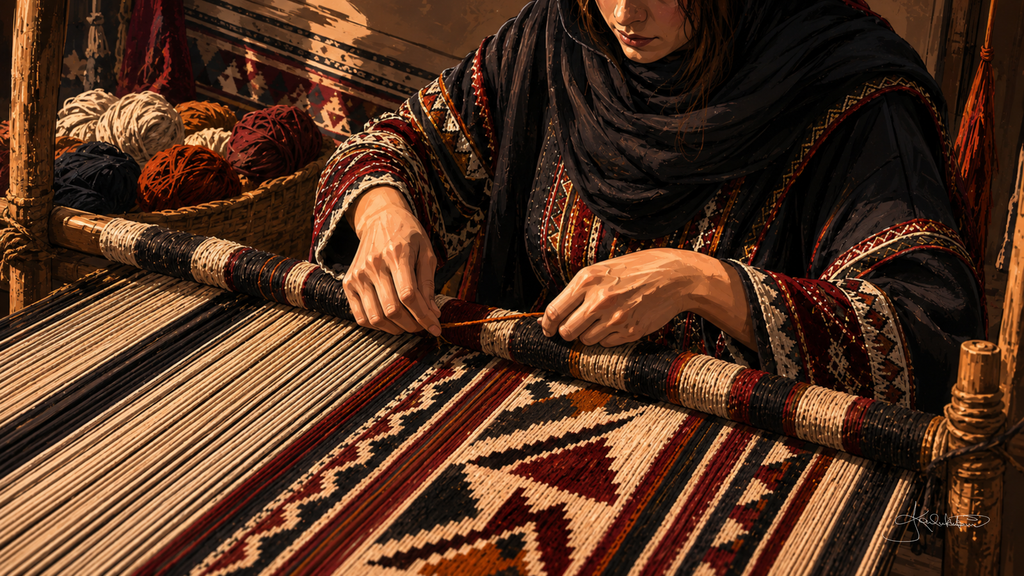 Sadu weaving, a weaver's hands working the red, black and cream geometric pattern on a ground loom with the wool wound beside her. Dreamy Kuwaiti Culture 4K desktop wallpaper by Dreams On Kanvas