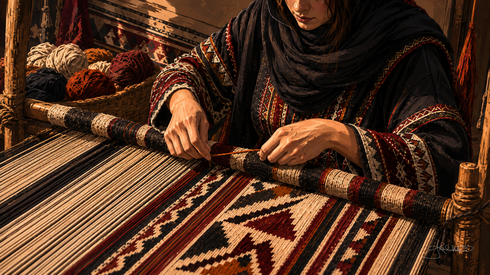 Sadu weaving, a weaver's hands working the red, black and cream geometric pattern on a ground loom with the wool wound beside her. Dreamy Kuwaiti Culture 4K desktop wallpaper by Dreams On Kanvas
