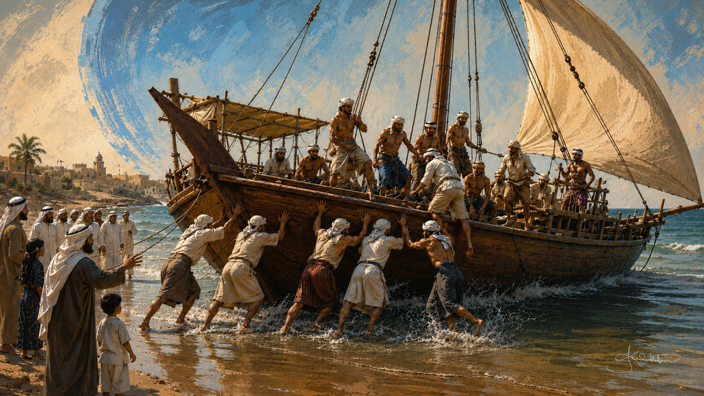 The Dasha, the pearl diving departure, a crowd wading in to push the wooden dhow off the beach as the crew boards for the season. Dreamy Kuwaiti Culture 4K desktop wallpaper by Dreams On Kanvas
