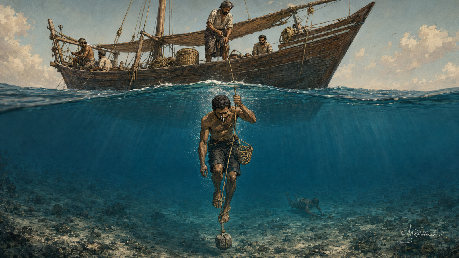 Kuwaiti pearl divers, the scene split at the waterline with the dhow on the surface above and a diver descending on his weighted rope into the blue below. Dreamy Kuwaiti Culture 4K desktop wallpaper by Dreams On Kanvas