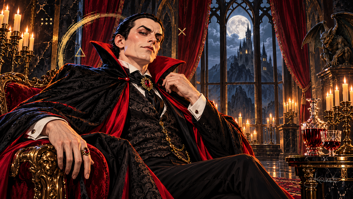 Dracula lounging on a red velvet throne in his castle, candles and a decanter beside him and a full moon over gothic towers through the window. Halloween Frame TV art from the Dreamy Monster Squad collection by Dreams On Kanvas