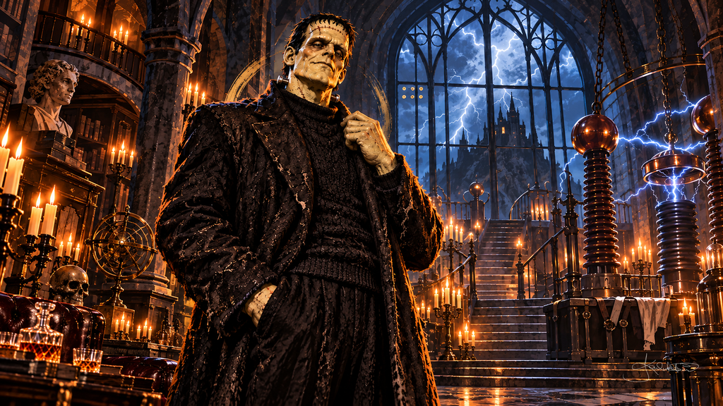 Frankenstein's monster in a long coat standing in a candlelit laboratory, lightning crackling between the coils and a storm over the castle outside. Halloween Frame TV art from the Dreamy Monster Squad collection by Dreams On Kanvas
