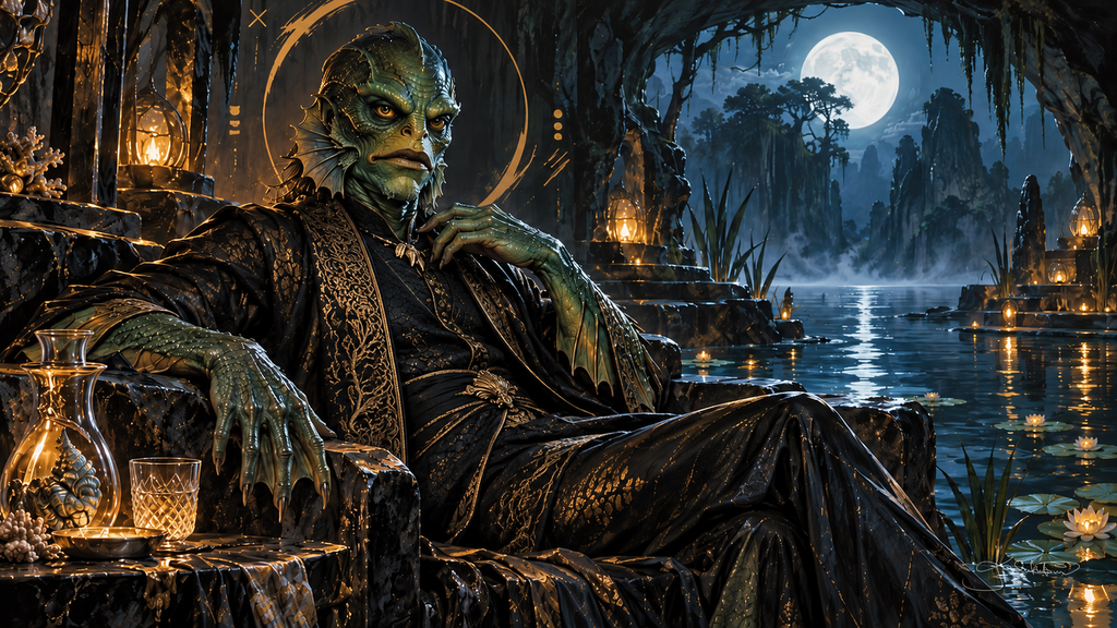 The Gill Man in an embroidered robe reclining on a stone throne by a moonlit lagoon, lily pads and lanterns on the water. Halloween Frame TV art from the Dreamy Monster Squad collection by Dreams On Kanvas