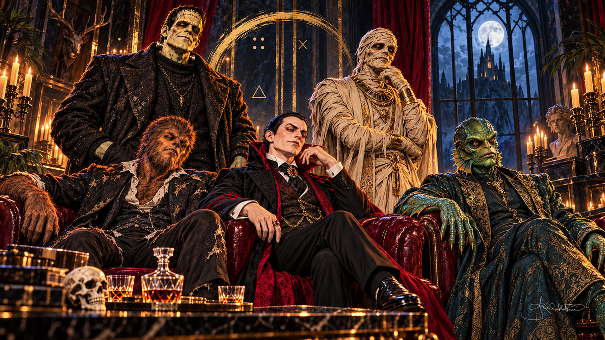 Dracula, Frankenstein's monster, the Mummy, the Werewolf and the Gill Man posed in velvet chairs in a candlelit gothic hall, a full moon in the window. Halloween Frame TV art from the Dreamy Monster Squad collection by Dreams On Kanvas