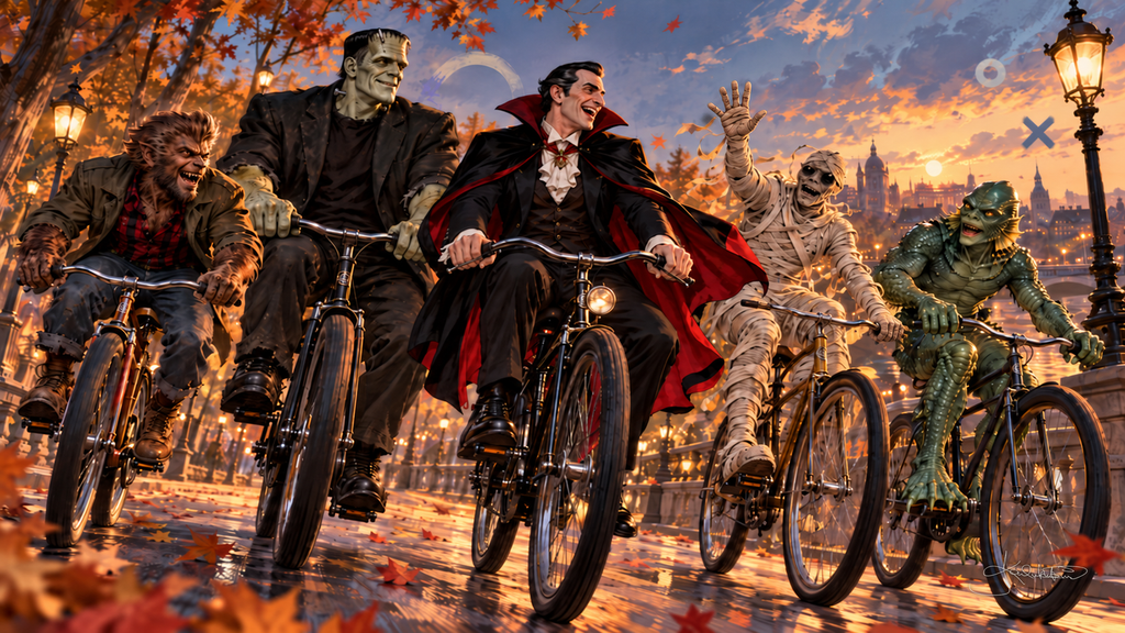 The Monster Squad riding bicycles down a lamplit riverside promenade at sunset, autumn leaves blowing around them. Halloween Frame TV art from the Dreamy Monster Squad collection by Dreams On Kanvas