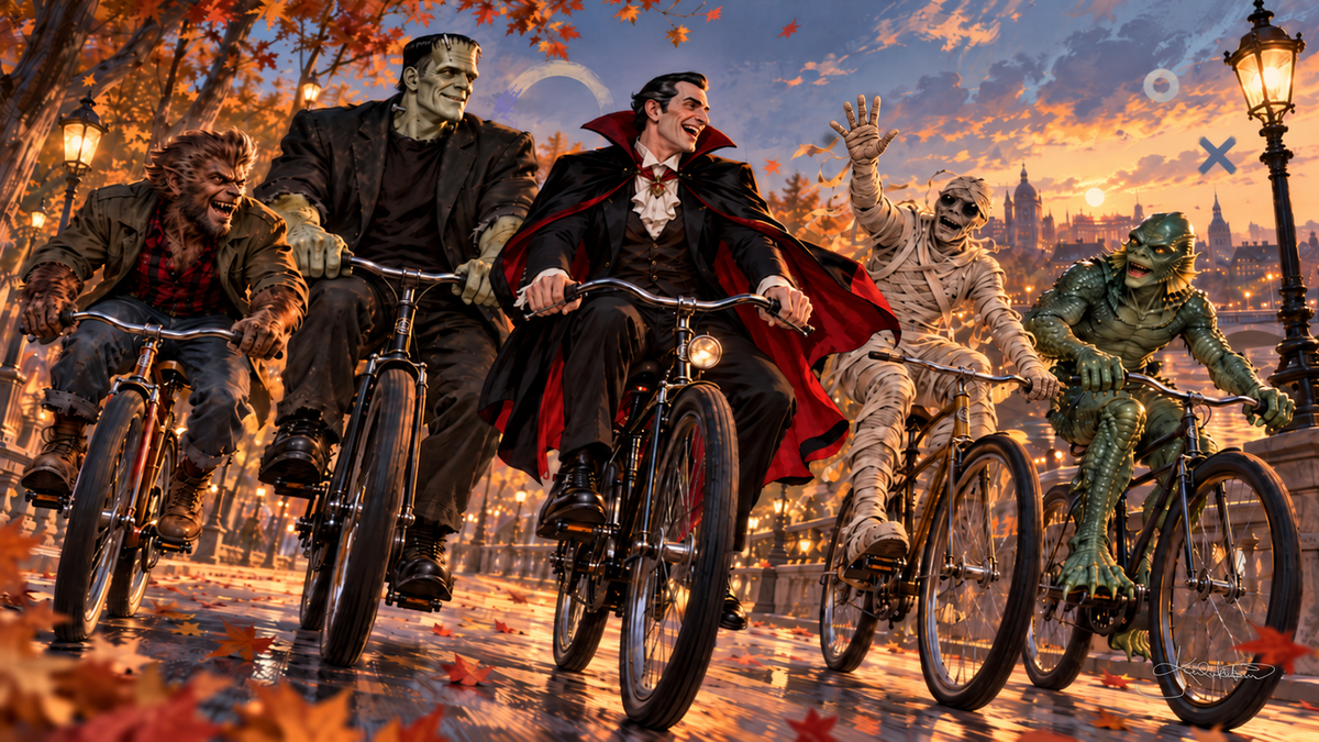 The Monster Squad riding bicycles down a lamplit riverside promenade at sunset, autumn leaves blowing around them. Halloween Frame TV art from the Dreamy Monster Squad collection by Dreams On Kanvas