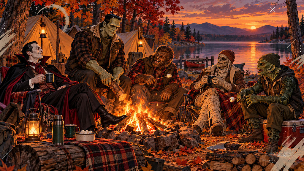The Monster Squad around a campfire by a lake at sunset, roasting marshmallows in flannel among autumn trees and tents. Halloween Frame TV art from the Dreamy Monster Squad collection by Dreams On Kanvas