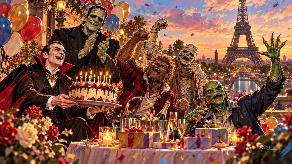Dracula carrying a birthday cake while the Monster Squad cheers at a party in Paris, balloons, flowers and the Eiffel Tower at sunset. Halloween Frame TV art from the Dreamy Monster Squad collection by Dreams On Kanvas