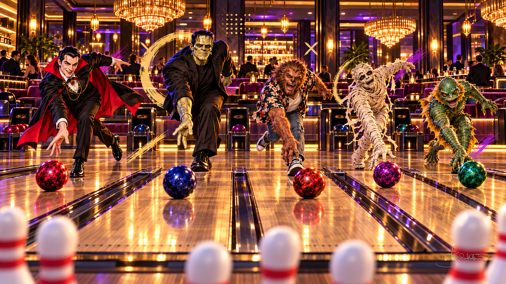 The Monster Squad bowling side by side in a glittering neon bowling lounge, colourful balls rolling toward the pins. Halloween Frame TV art from the Dreamy Monster Squad collection by Dreams On Kanvas