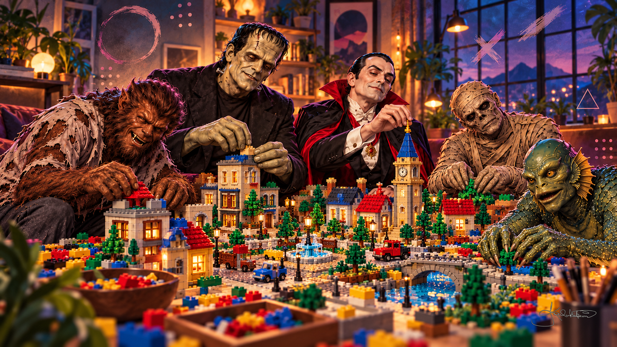 The Monster Squad hunched over a table building a colourful toy-brick town with a clock tower, a river and tiny trees. Halloween Frame TV art from the Dreamy Monster Squad collection by Dreams On Kanvas