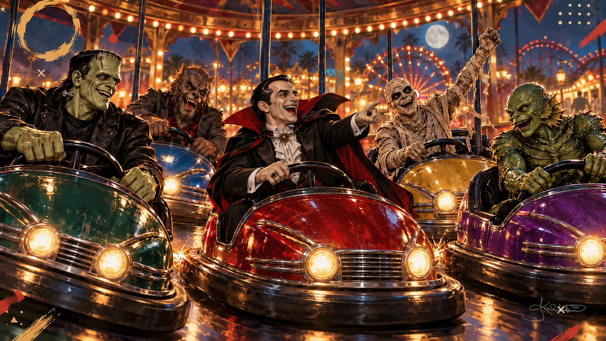 The Monster Squad laughing in glossy bumper cars at a carnival at night, string lights, a Ferris wheel and a full moon above. Halloween Frame TV art from the Dreamy Monster Squad collection by Dreams On Kanvas