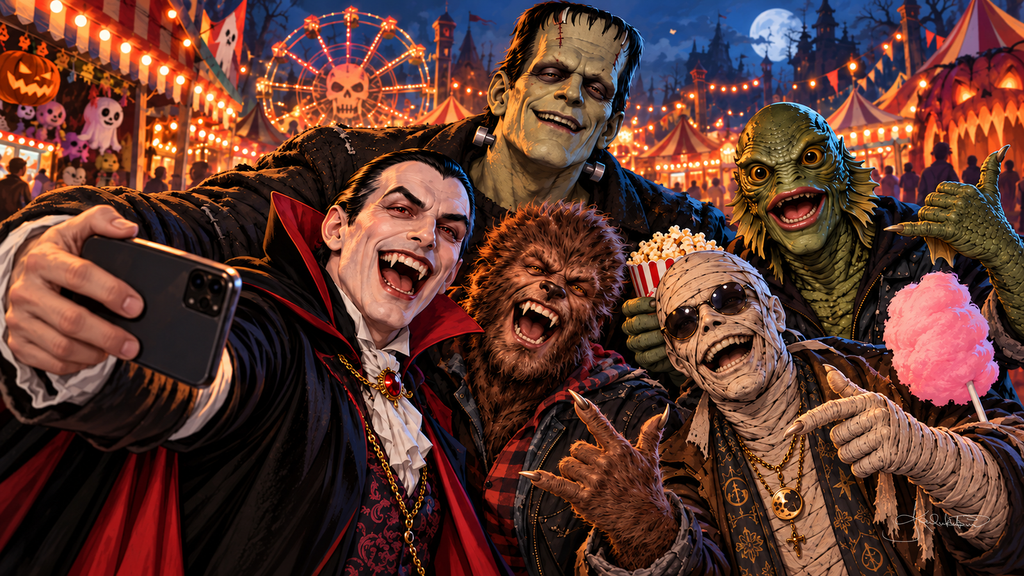 Dracula taking a phone selfie with the Monster Squad at a Halloween carnival, the Mummy in sunglasses holding cotton candy. Halloween Frame TV art from the Dreamy Monster Squad collection by Dreams On Kanvas