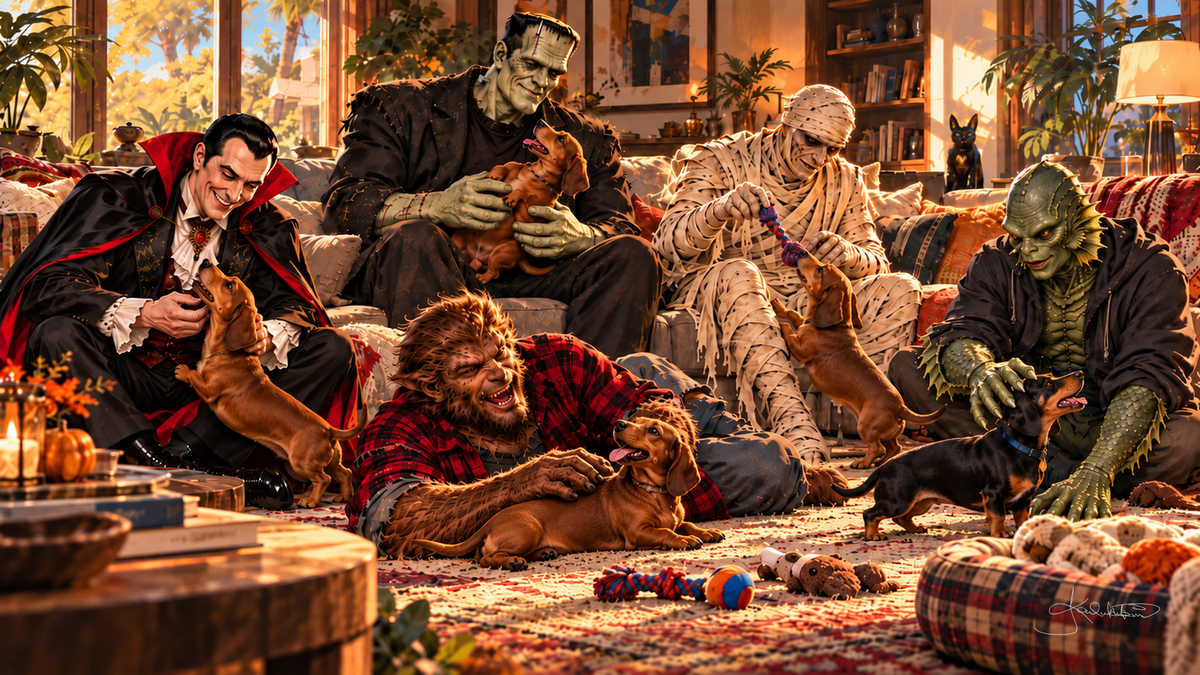The Monster Squad playing with a pack of dachshund puppies on a cozy rug in a warm living room, pumpkins and blankets around them. Halloween Frame TV art from the Dreamy Monster Squad collection by Dreams On Kanvas