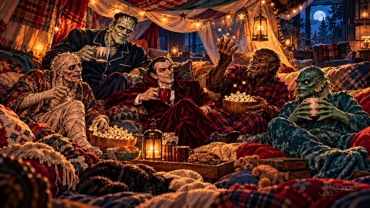 The Monster Squad in pajamas under a blanket fort with popcorn and cocoa, fairy lights and a full moon in the window. Halloween Frame TV art from the Dreamy Monster Squad collection by Dreams On Kanvas