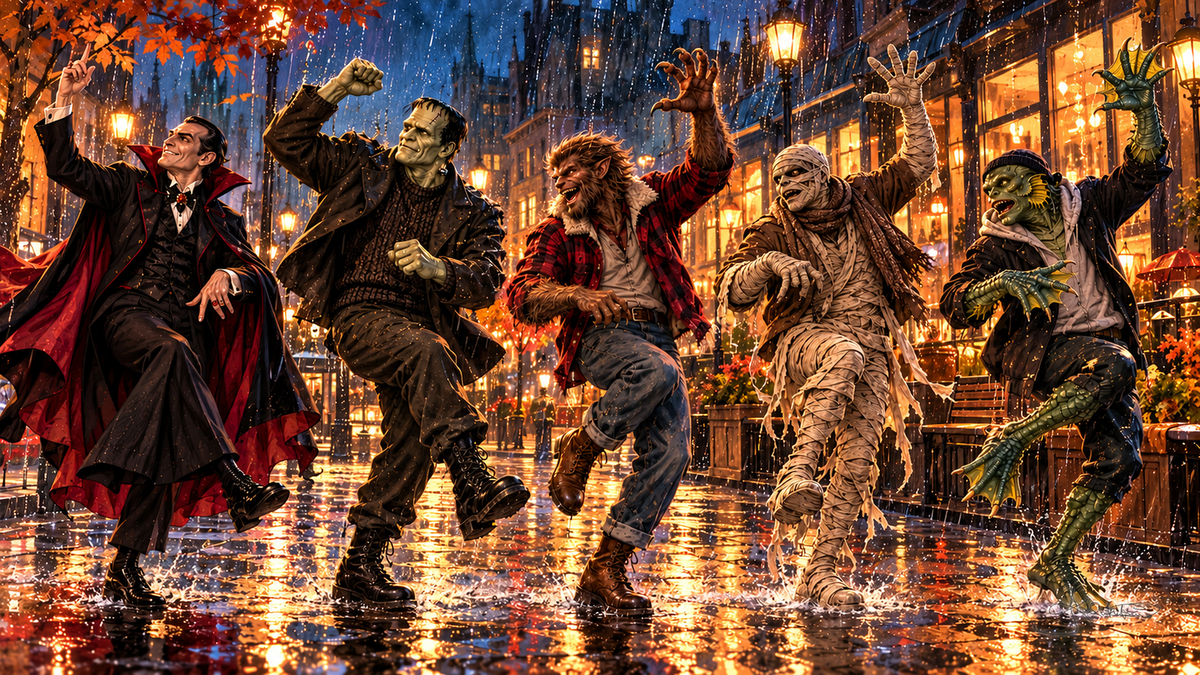 The Monster Squad dancing down a rain-soaked city street at night, splashing through puddles under glowing shop windows. Halloween Frame TV art from the Dreamy Monster Squad collection by Dreams On Kanvas