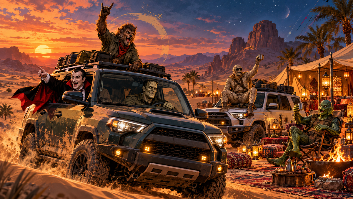 The Monster Squad on a desert overland trip, the Werewolf waving from a roof rack as the trucks race across the dunes at sunset. Halloween Frame TV art from the Dreamy Monster Squad collection by Dreams On Kanvas