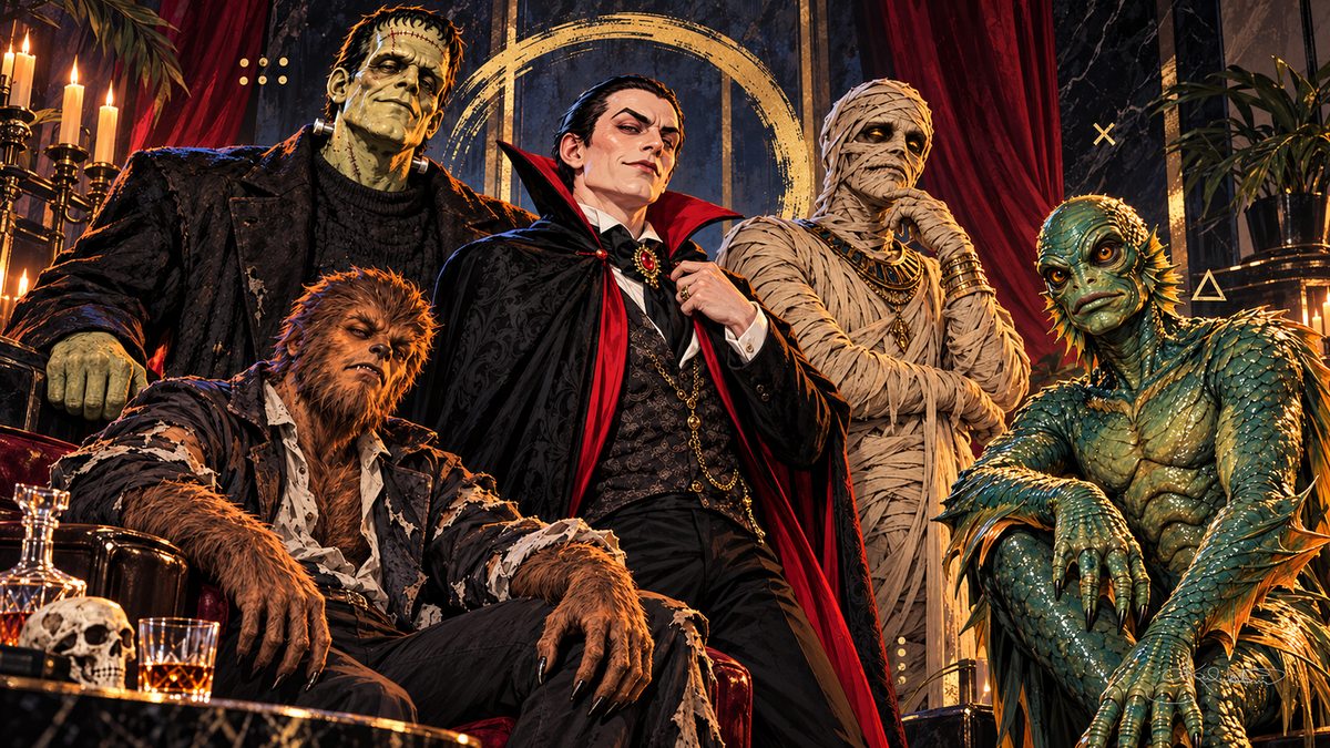 Dracula, Frankenstein's monster, the Mummy, the Werewolf and the Gill Man posed together in a candlelit gothic room, red curtains behind them. Halloween Frame TV art from the Dreamy Monster Squad collection by Dreams On Kanvas