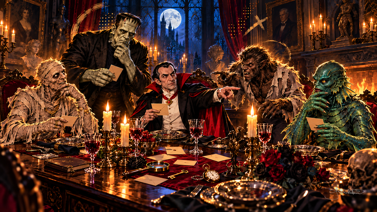 The Monster Squad around a candlelit dining table solving a mystery with clue cards, Dracula pointing across the table. Halloween Frame TV art from the Dreamy Monster Squad collection by Dreams On Kanvas