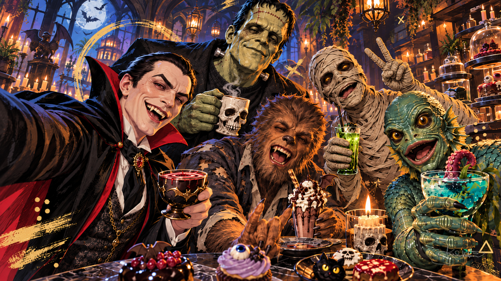 Dracula leading a laughing selfie with the Monster Squad at a gothic party, drinks and Halloween treats on the table. Halloween Frame TV art from the Dreamy Monster Squad collection by Dreams On Kanvas