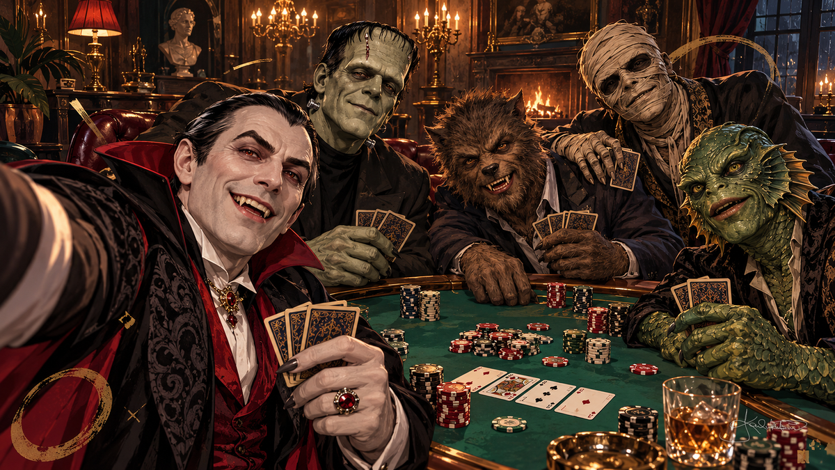 Dracula snapping a selfie with the Monster Squad around a poker table in a candlelit study, chips and cards spread out. Halloween Frame TV art from the Dreamy Monster Squad collection by Dreams On Kanvas