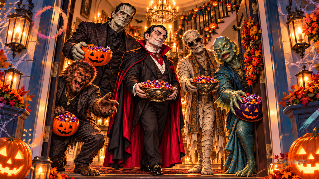 The Monster Squad at an open front door holding out bowls of Halloween candy, jack-o'-lanterns and autumn leaves on the steps. Halloween Frame TV art from the Dreamy Monster Squad collection by Dreams On Kanvas