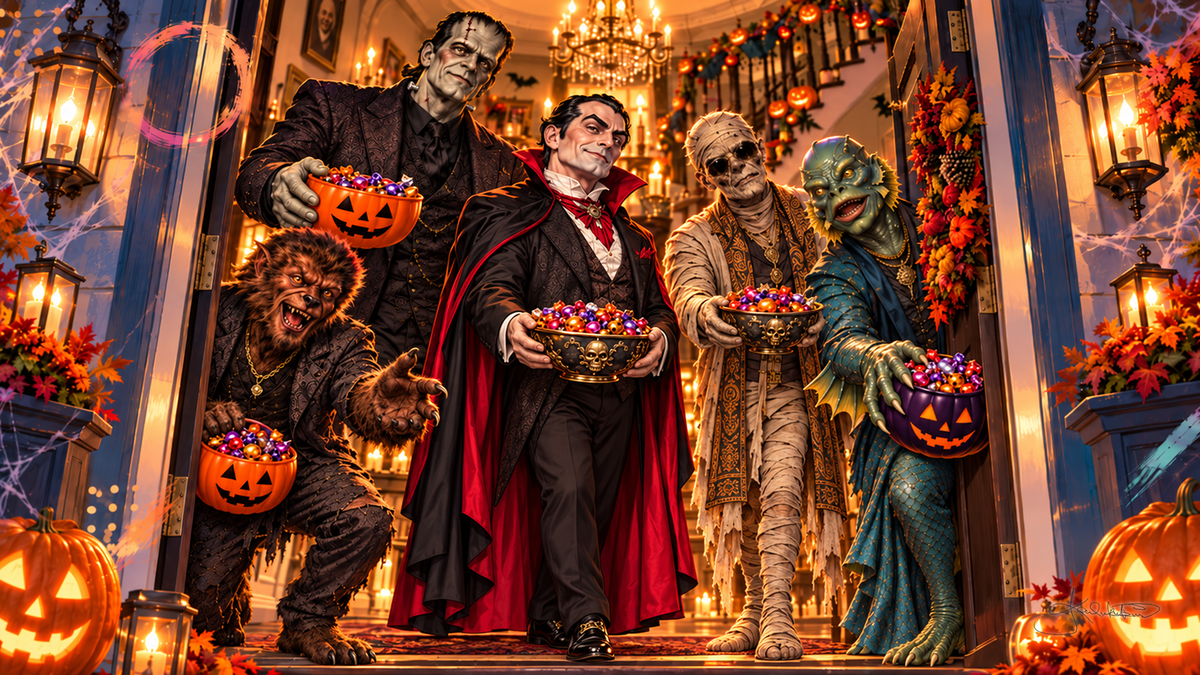 The Monster Squad at an open front door holding out bowls of Halloween candy, jack-o'-lanterns and autumn leaves on the steps. Halloween Frame TV art from the Dreamy Monster Squad collection by Dreams On Kanvas