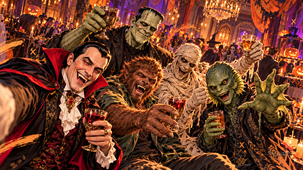 The Monster Squad raising glasses in a laughing selfie at a candlelit Halloween ball, jack-o'-lanterns and a chandelier behind them. Halloween Frame TV art from the Dreamy Monster Squad collection by Dreams On Kanvas