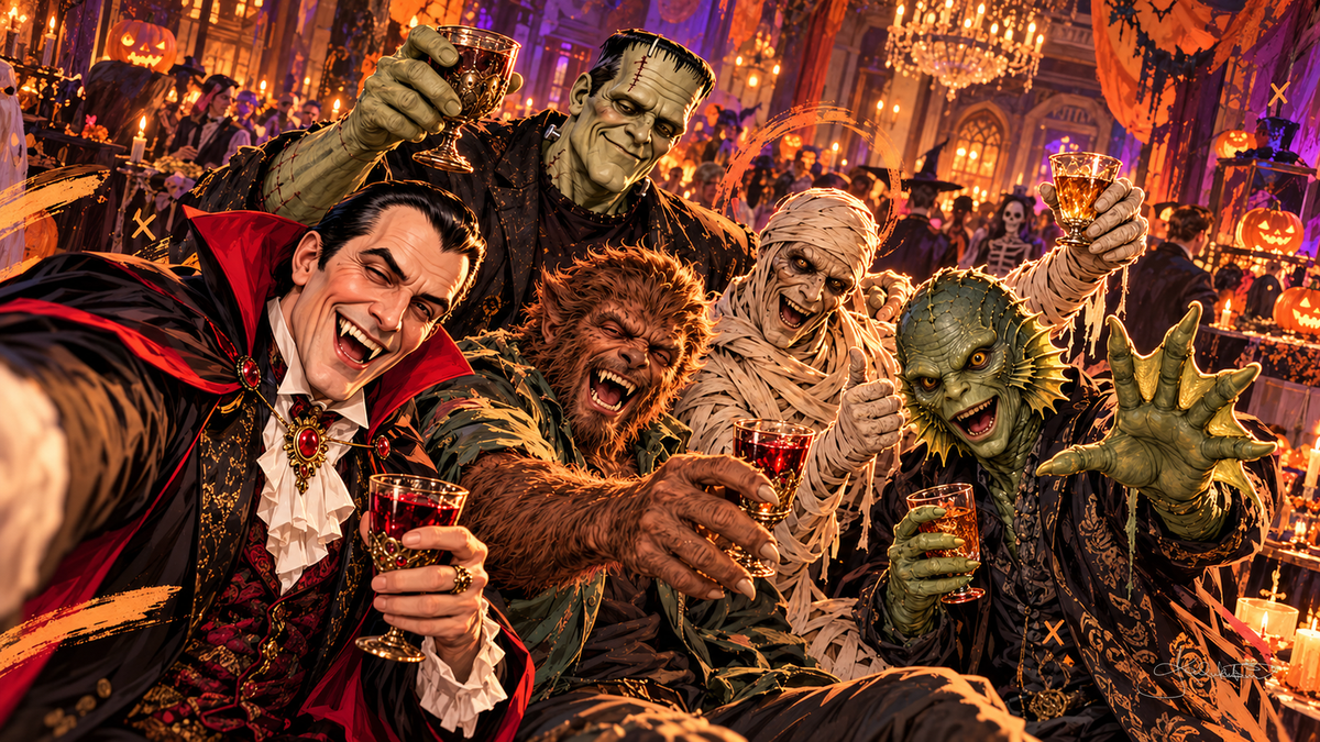 The Monster Squad raising glasses in a laughing selfie at a candlelit Halloween ball, jack-o'-lanterns and a chandelier behind them. Halloween Frame TV art from the Dreamy Monster Squad collection by Dreams On Kanvas