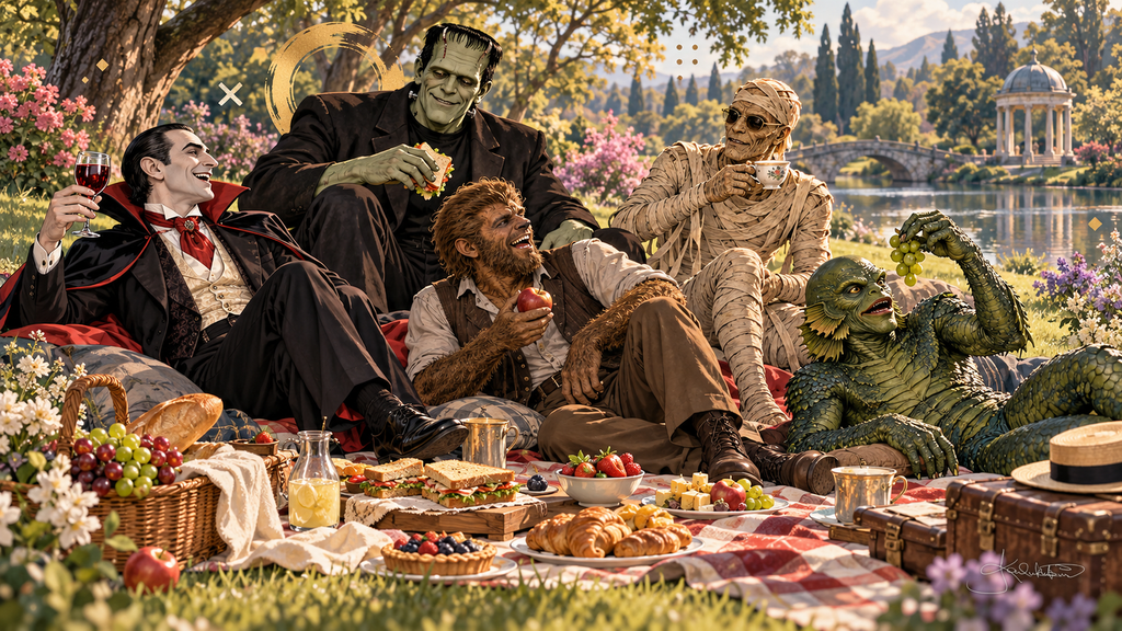 The Monster Squad having a sunny picnic by a lake, a basket of fruit and sandwiches on a checked blanket and a stone bridge behind. Halloween Frame TV art from the Dreamy Monster Squad collection by Dreams On Kanvas