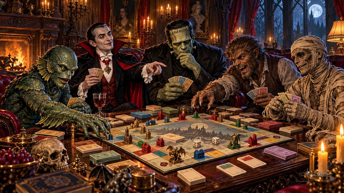 The Monster Squad playing a board game around a candlelit table by the fire, cards in hand and a full moon outside. Halloween Frame TV art from the Dreamy Monster Squad collection by Dreams On Kanvas