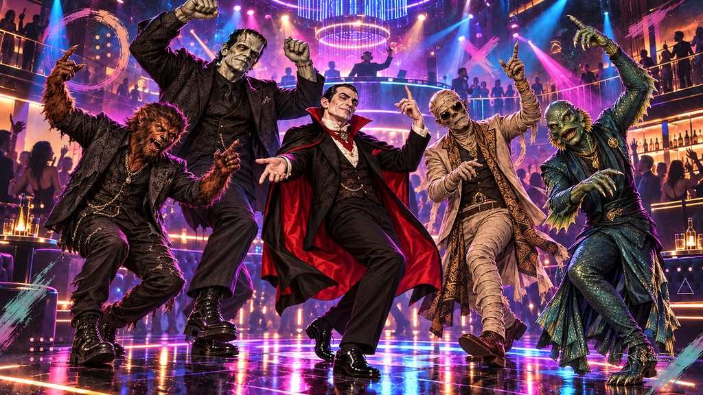 The Monster Squad dancing under purple and pink lights on a packed nightclub dance floor. Halloween Frame TV art from the Dreamy Monster Squad collection by Dreams On Kanvas