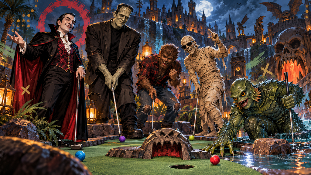 The Monster Squad playing a gothic mini-golf course at night, a skull obstacle, waterfalls and a castle under the full moon. Halloween Frame TV art from the Dreamy Monster Squad collection by Dreams On Kanvas