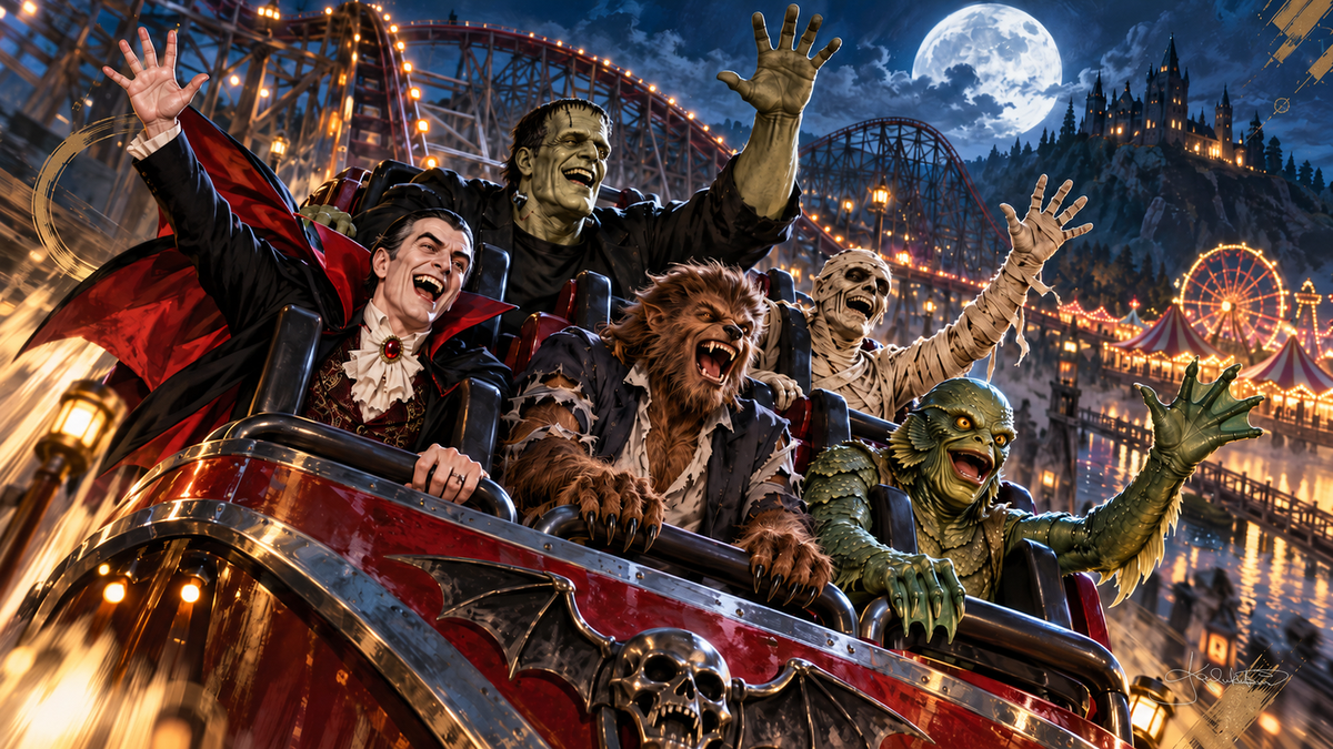 The Monster Squad screaming with joy on a roller coaster at night, arms up, a Ferris wheel and a full moon behind. Halloween Frame TV art from the Dreamy Monster Squad collection by Dreams On Kanvas