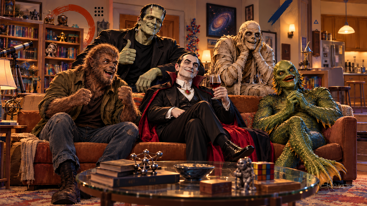 The Monster Squad relaxing on a sofa in a cozy living room for movie night, Dracula with a glass and the Gill Man grinning. Halloween Frame TV art from the Dreamy Monster Squad collection by Dreams On Kanvas