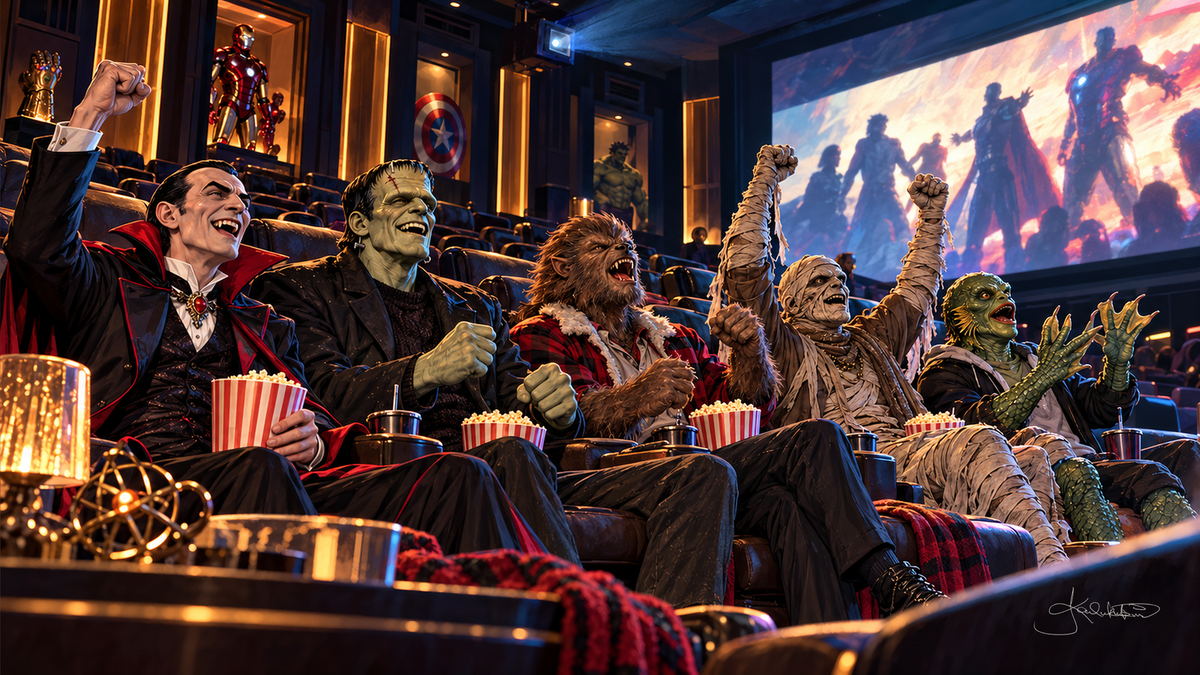 The Monster Squad cheering in a dark movie theater with buckets of popcorn, heroes on the big screen. Halloween Frame TV art from the Dreamy Monster Squad collection by Dreams On Kanvas