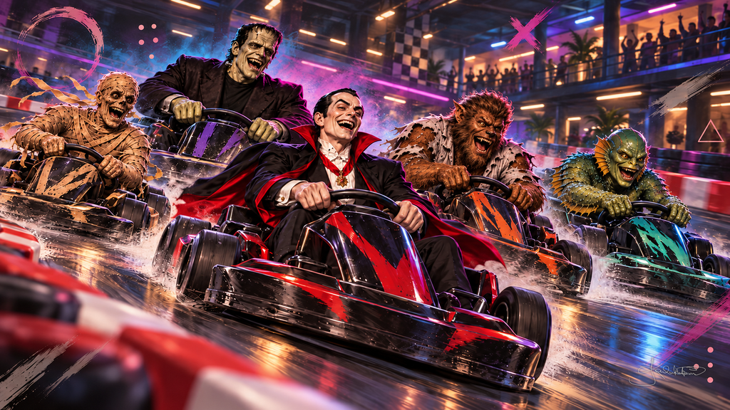 The Monster Squad racing go-karts on a neon indoor track, Dracula in the lead in a red kart. Halloween Frame TV art from the Dreamy Monster Squad collection by Dreams On Kanvas