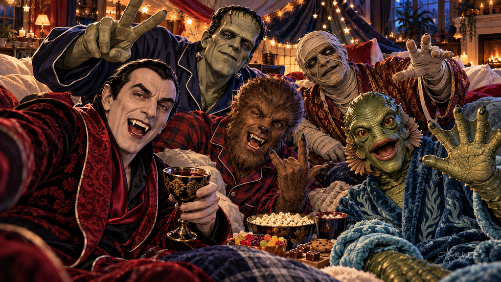 Dracula in a velvet robe taking a pajama party selfie with the Monster Squad, popcorn, candy and string lights around them. Halloween Frame TV art from the Dreamy Monster Squad collection by Dreams On Kanvas
