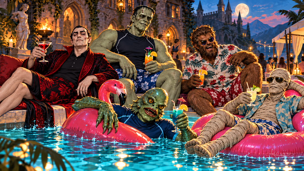 The Monster Squad lounging at a poolside party at night, the Gill Man and the Mummy in pool floats and a castle under the moon. Halloween Frame TV art from the Dreamy Monster Squad collection by Dreams On Kanvas
