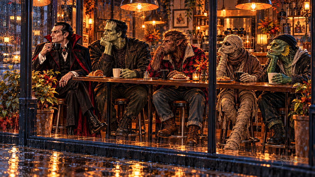 The Monster Squad having coffee at the window counter of a cozy café on a rainy night. Halloween Frame TV art from the Dreamy Monster Squad collection by Dreams On Kanvas