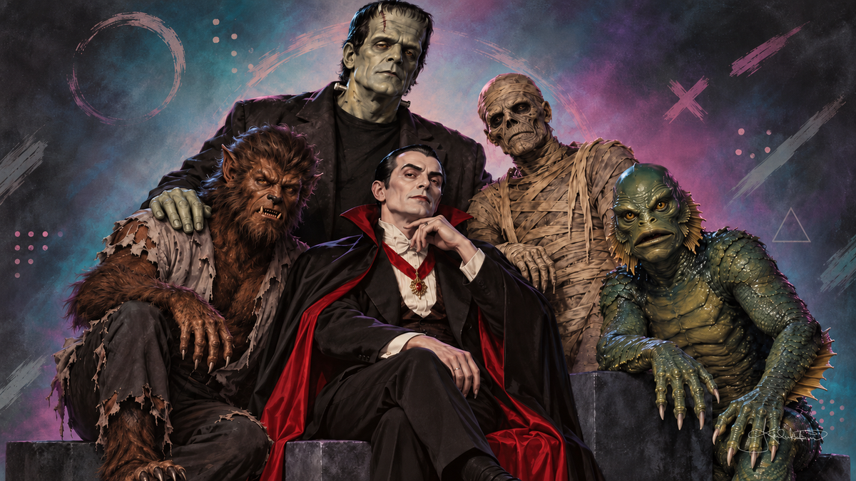 A painted group portrait of Dracula, Frankenstein's monster, the Mummy, the Werewolf and the Gill Man against a purple sky. Halloween Frame TV art from the Dreamy Monster Squad collection by Dreams On Kanvas