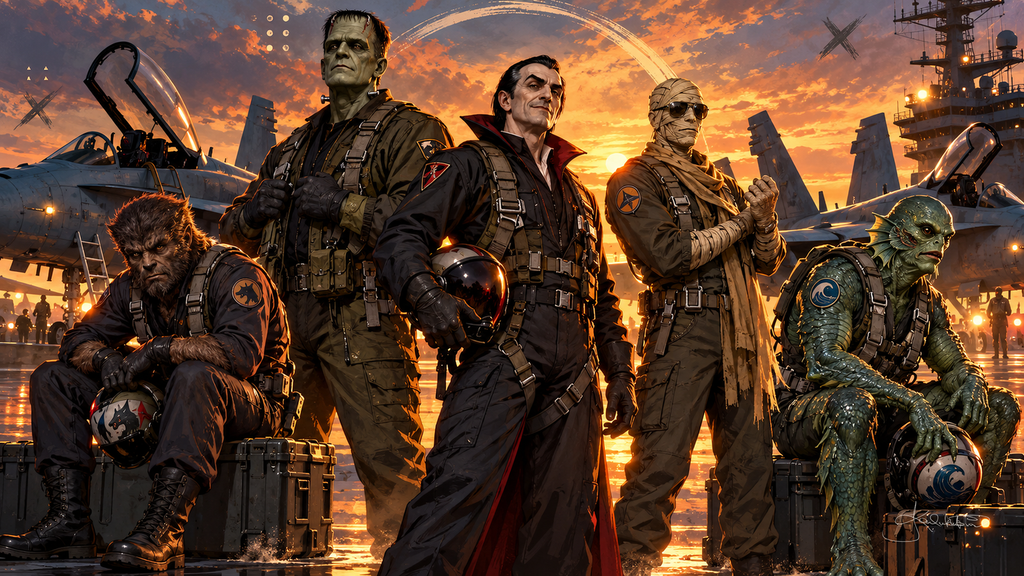 The Monster Squad in flight suits as fighter pilots on an aircraft carrier deck at sunset, jets lined up behind them. Halloween Frame TV art from the Dreamy Monster Squad collection by Dreams On Kanvas