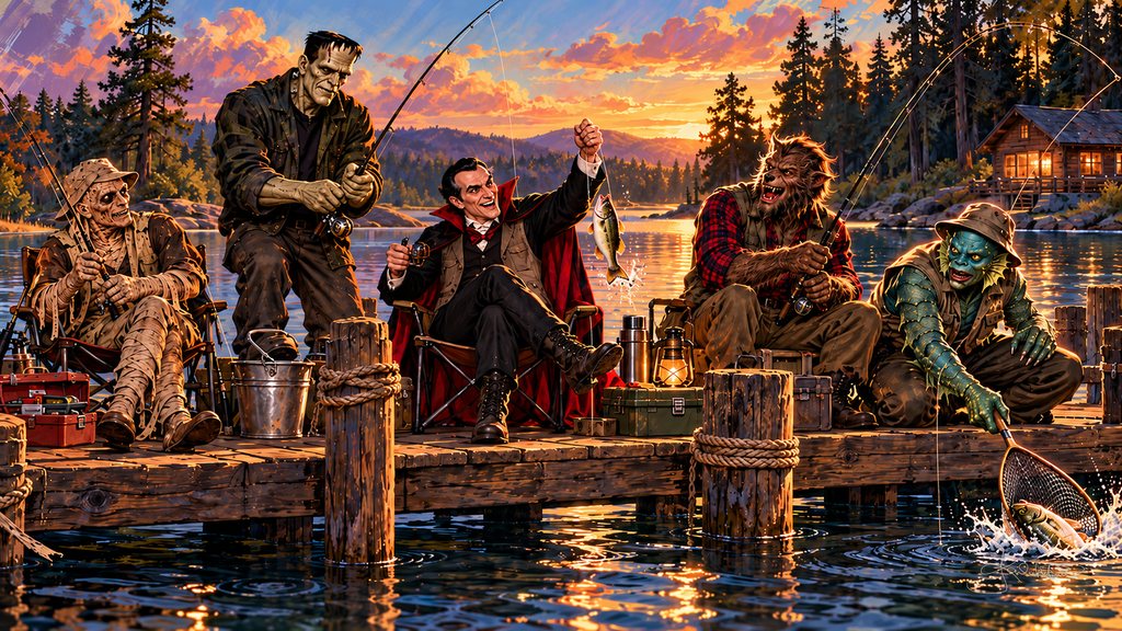 The Monster Squad fishing off a wooden dock on a lake at sunset, Dracula holding up his catch and a cabin among the pines. Halloween Frame TV art from the Dreamy Monster Squad collection by Dreams On Kanvas