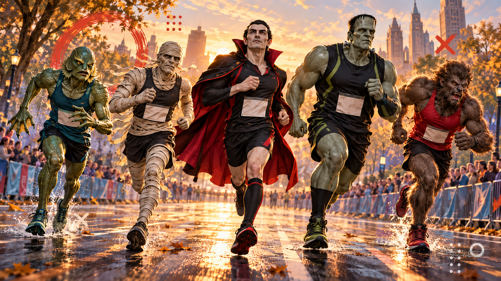 The Monster Squad sprinting in running gear and race bibs down a wet city street at sunset, crowds cheering behind the barriers. Halloween Frame TV art from the Dreamy Monster Squad collection by Dreams On Kanvas