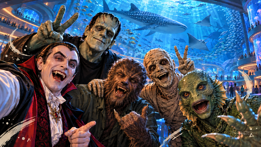 Dracula taking a selfie with the Monster Squad in front of a giant aquarium tank, a whale shark and manta ray gliding behind. Halloween Frame TV art from the Dreamy Monster Squad collection by Dreams On Kanvas