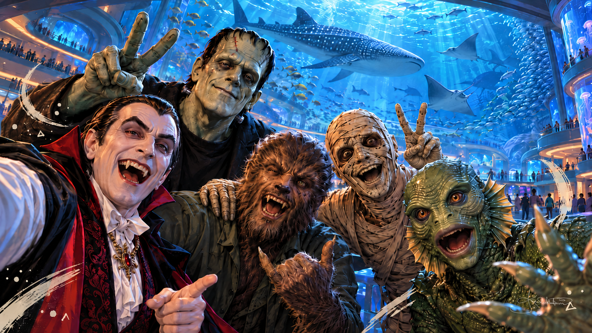 Dracula taking a selfie with the Monster Squad in front of a giant aquarium tank, a whale shark and manta ray gliding behind. Halloween Frame TV art from the Dreamy Monster Squad collection by Dreams On Kanvas