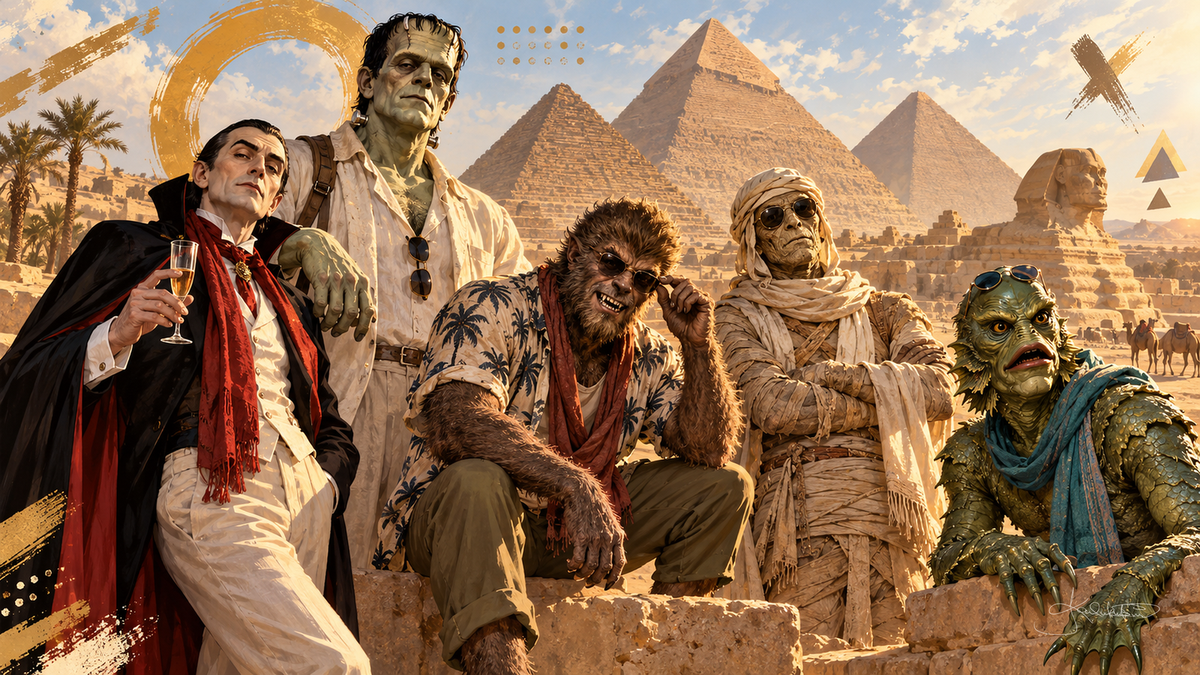 The Monster Squad on holiday at the Pyramids of Giza, the Sphinx behind them and Dracula with a glass of champagne. Halloween Frame TV art from the Dreamy Monster Squad collection by Dreams On Kanvas
