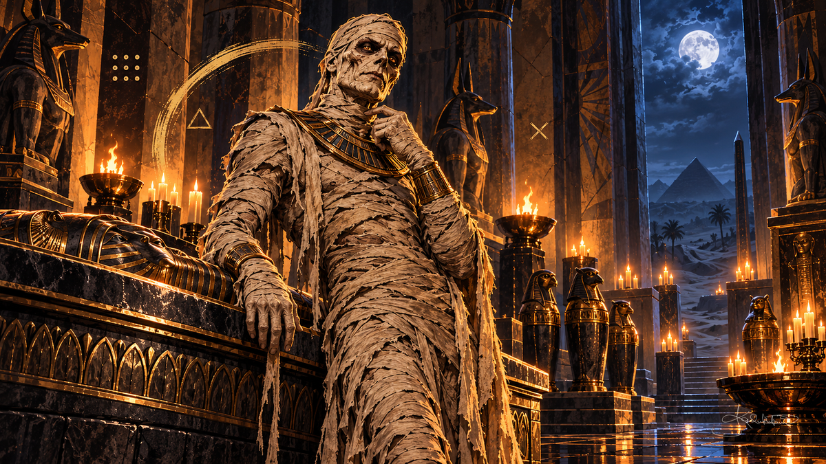 The Mummy standing beside a golden sarcophagus in a torchlit tomb, a pyramid and the moon through the doorway. Halloween Frame TV art from the Dreamy Monster Squad collection by Dreams On Kanvas
