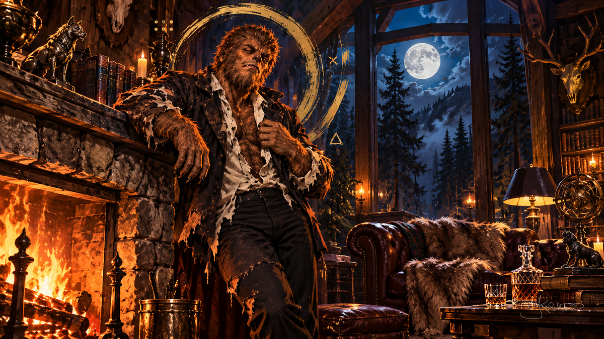 The Werewolf leaning on a stone fireplace in a lodge library, a fire burning and a full moon over pine trees in the window. Halloween Frame TV art from the Dreamy Monster Squad collection by Dreams On Kanvas