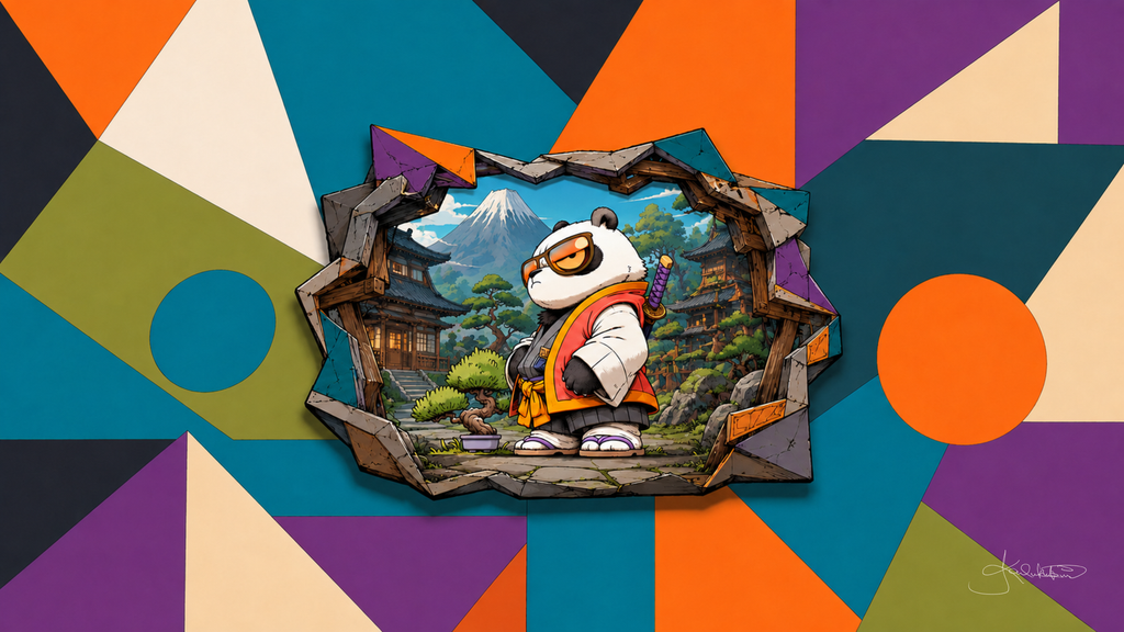 A panda in a white and red kimono with orange sunglasses and a sword, standing on a stone path below Mount Fuji, seen through a hole torn in a wall of orange, teal and purple shapes. Dreamy Panda 4K desktop wallpaper by Dreams On Kanvas
