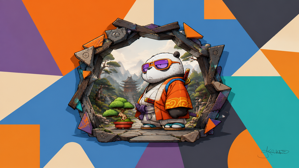 A panda in an orange kimono with purple sunglasses beside a bonsai, misty peaks and a pagoda behind, seen through a hole torn in a wall of blue, orange and cream shapes. Dreamy Panda 4K desktop wallpaper by Dreams On Kanvas